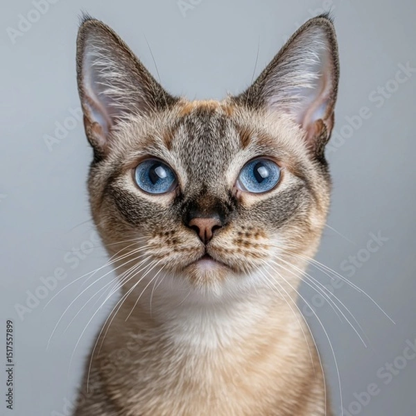 Fototapeta Close-up portrait of a Siamese cat with striking blue eyes and short cream-colored fur featu darker face and ears against a neutral gray background