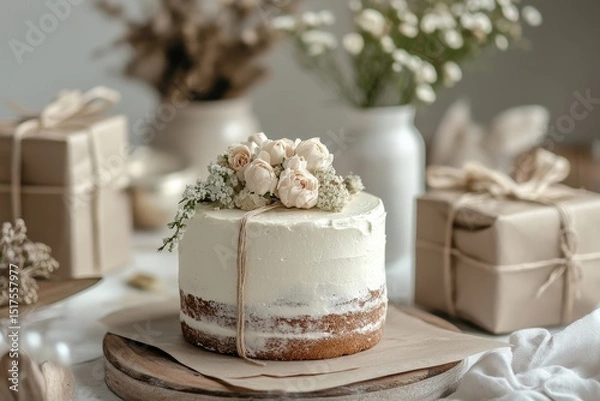Obraz A minimalist birthday party with monochrome decorations, a single-layer cake adorned with edible flowers, and gifts wrapped in plain kraft paper with twine,