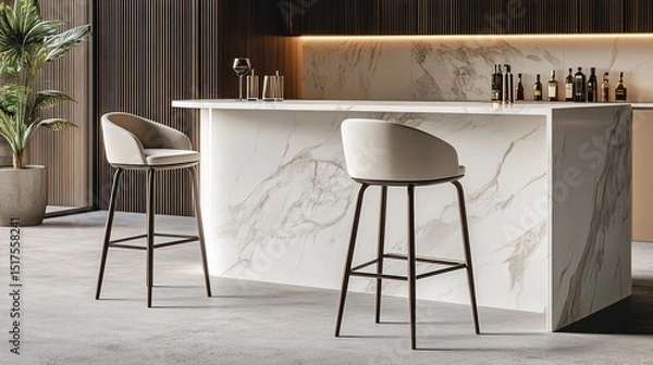 Obraz Modern bar counter with comfortable beige bar stools.