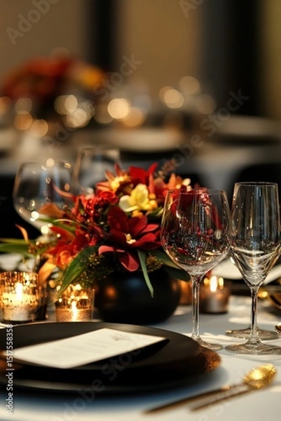 Obraz A modern holiday dinner with sleek black tableware, gold accents, and elegant centerpiece designs incorporating candles and modern floral arrangements,