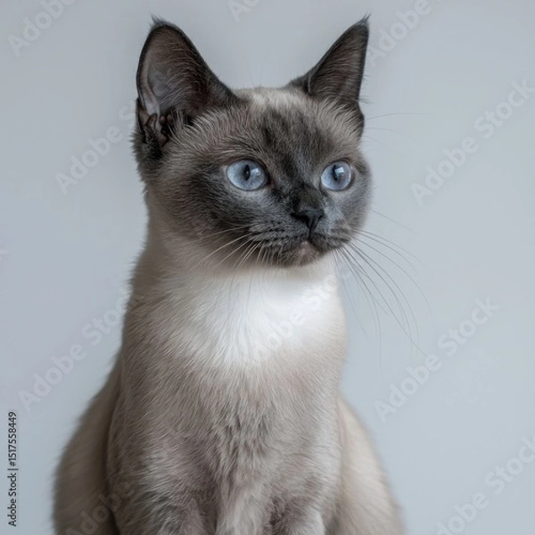 Fototapeta Close-up of a Siamese cat with blue eyes and short fur sitting against a plain light background, showing detailed facial features and attentive expression