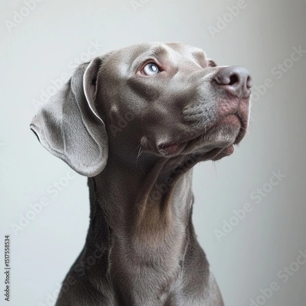 Fototapeta Close-up of a Weimaraner puppy with striking blue eyes and short gray coat, looking upward thoughtfully, against a plain light gray background, detailed pet image