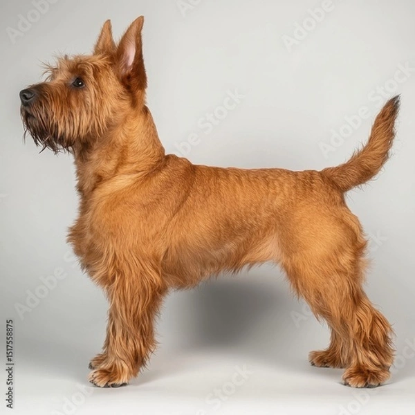 Fototapeta Irish Terrier dog standing profile shot on a plain white background showcasing its alert posture, distinctive reddish coat, and attentive expression