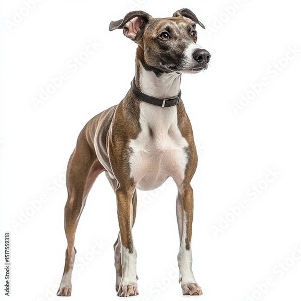 Fototapeta Adorable energetic mixed breed dog with alert expression, standing confidently on white background, showcasing muscular build and attentive attitude
