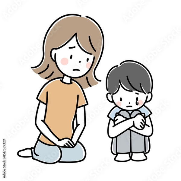 Fototapeta 辛い思いをしている子供と寄り添う母親のイラスト