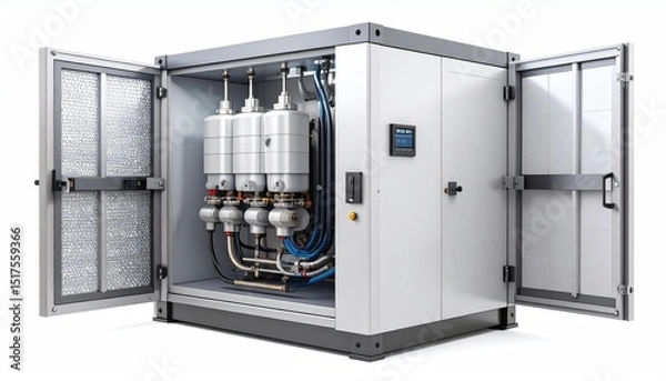 Fototapeta technical simulation. Industrial equipment housed in a silver cabinet, featuring visible machinery and an open design for access.