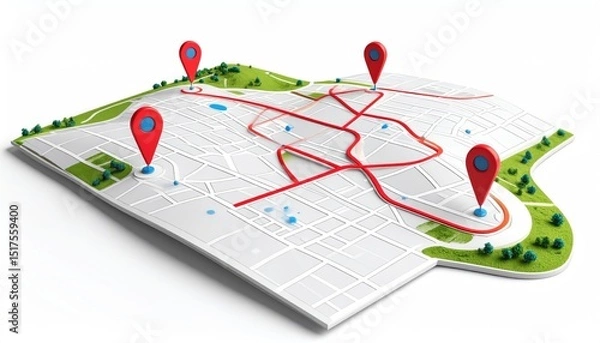 Fototapeta technical simulation. A 3D map illustration with route paths and location markers, depicting urban navigation and planning.
