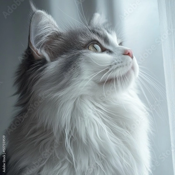 Fototapeta Close up of a beautiful long-haired gray and white domestic cat gazing out a window with soft natural light highlighting its fluffy fur and curious expression