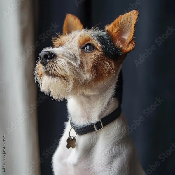 Fototapeta Cute and alert small terrier dog with distinctive markings and expressive eyes, wea a collar with a bone-shaped tag, indoors near a window