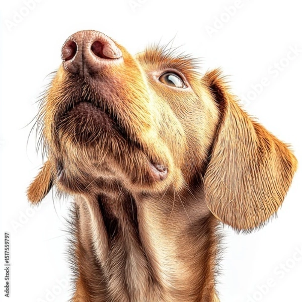 Fototapeta Close-up of a curious brown dog with expressive eyes and floppy ears looking upward on a white background, showcasing detailed fur texture and alert demeanor