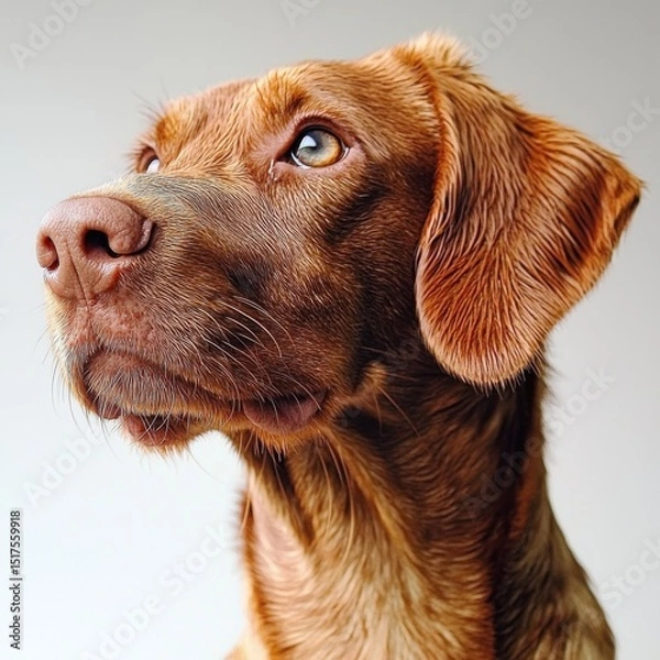 Fototapeta Close up portrait of an attentive brown dog looking upwards with a soft white background showing detailed fur and expressive eyes