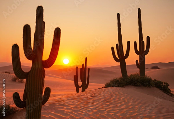 Fototapeta Scenic desert landscape at sunset with tall cacti silhouetted against an orange sky. Soft sand dunes and warm lighting create a serene, natural, and atmospheric southwestern vibe
