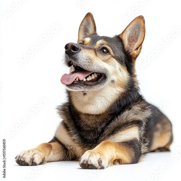 Fototapeta Happy alert young dog with expressive face lying down on a plain white background showing cheerful demeanor and friendly personality