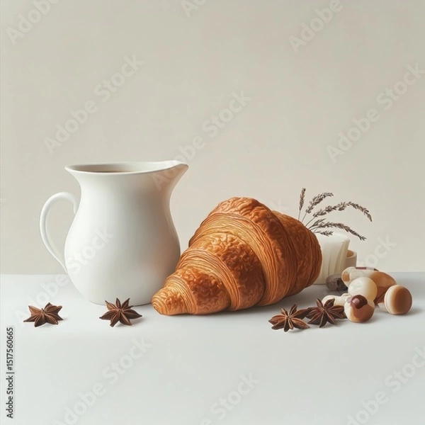 Obraz Croissant and pitcher still life on a white background