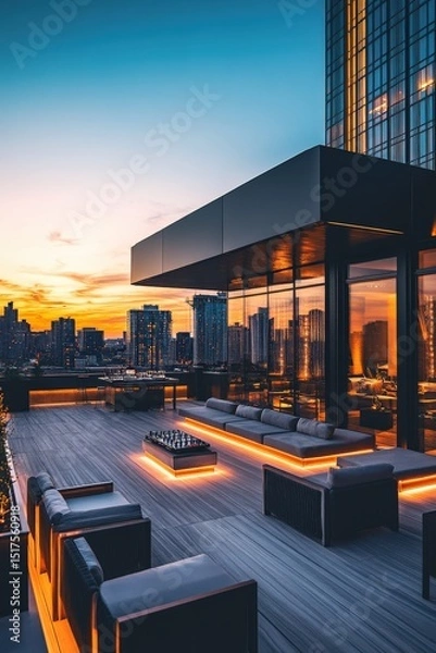 Obraz A rooftop party with panoramic city views, sleek modern furniture, ambient lighting, and a DJ booth to set the tone for the evening,