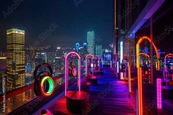Obraz A rooftop silent disco party in the city with headphones syncing to DJs, vibrant LED decorations, and panoramic views of the urban skyline at night