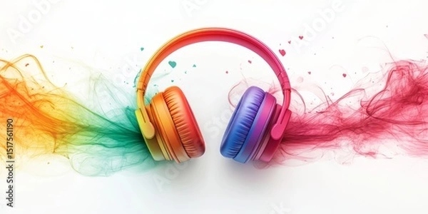 Obraz Colorful headphones with rainbow-colored smoke and small heart shapes on a white background, illustrating pride and diversity