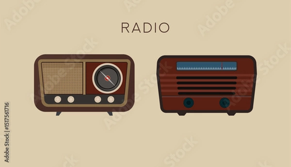 Obraz A set of vintage and retro radios in various iconic styles. Classic radio receivers with knobs, antennas, and wood textures. Ideal for nostalgic, retro tech, or antique electronics themes