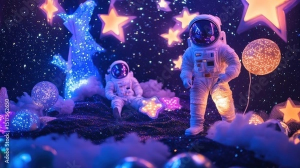 Obraz A space-themed birthday with glowing stars, astronaut props, and holographic decor resembling a starry galaxy