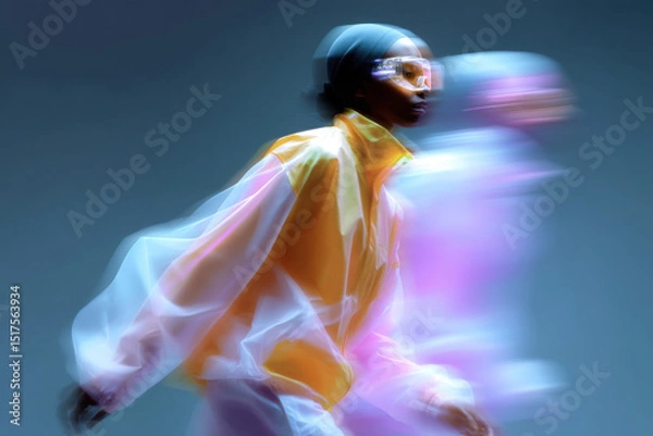 Fototapeta Fashion model wearing futuristic glasses and clothes moving fast in studio with motion blur effect