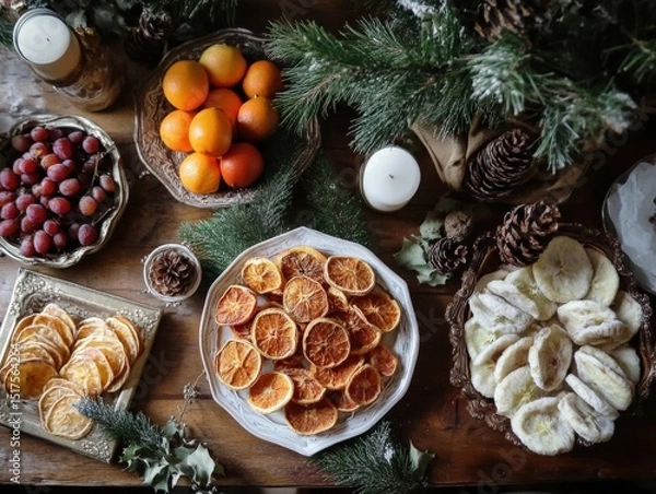 Obraz A zero-waste holiday party with reusable gift wrap, secondhand decor, and natural ornaments like dried fruits