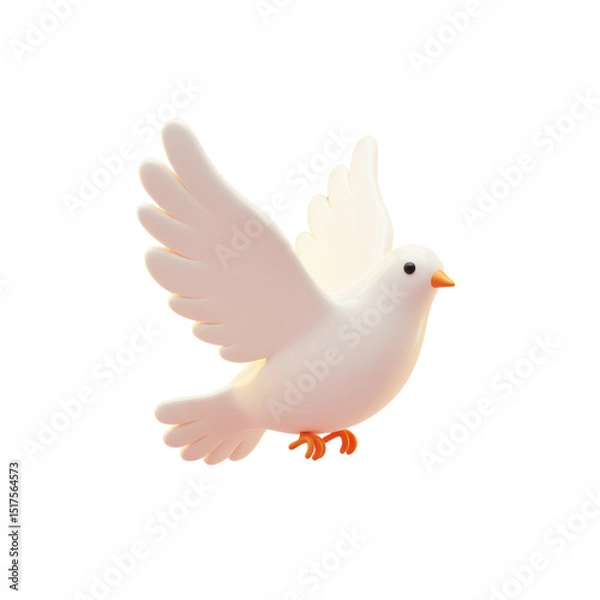 Fototapeta 3D white dove bird with wings spread in soft cute style, flying pose with orange feet, isolated on a transparent background, png, cutout