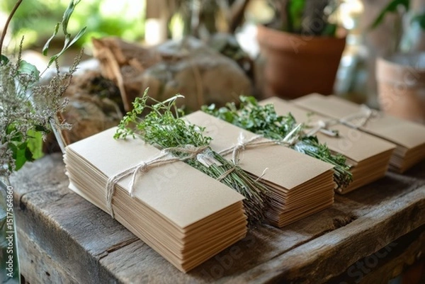 Obraz An eco-conscious wedding with recycled paper invitations, edible centerpieces, and plantable party favors