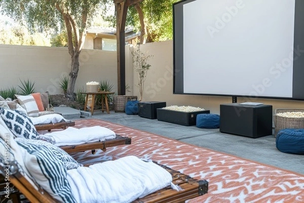 Obraz An outdoor movie night for a family reunion, featuring a large projector screen, cozy seating with blankets and pillows, and a popcorn station,