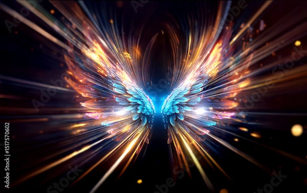 Fototapeta A pair of glowing wings with blue, orange, and purple feathers are against a black background.