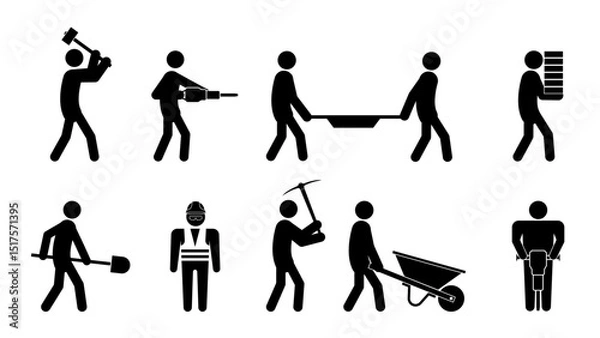Obraz Set of stick figures, construction and repair, flat vector illustration.