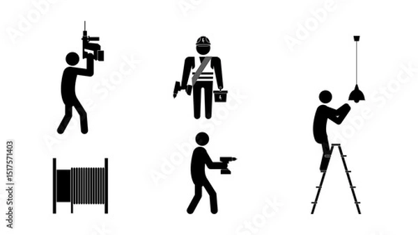 Obraz Set of stick figures, construction and repair, flat vector illustration.