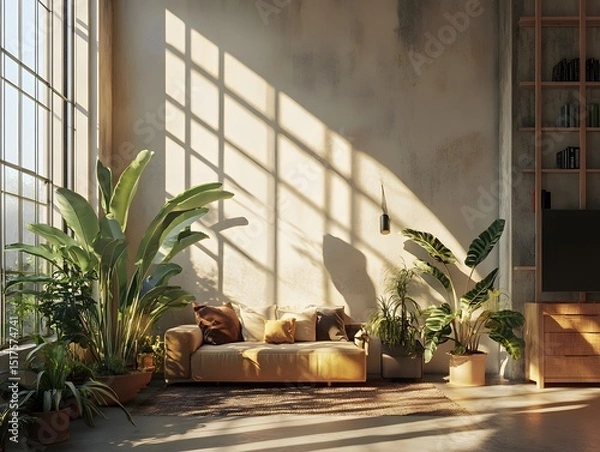 Obraz Modern house living room interior with plants, furniture, and a window view of a garden