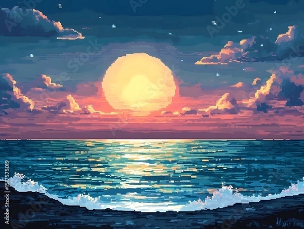 Fototapeta Golden light bathes the summer beach as the sun dips below the horizon, painting the sky and ocean in fiery orange hues