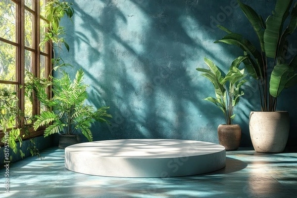 Obraz Stylish teal room showcasing a circular display podium.