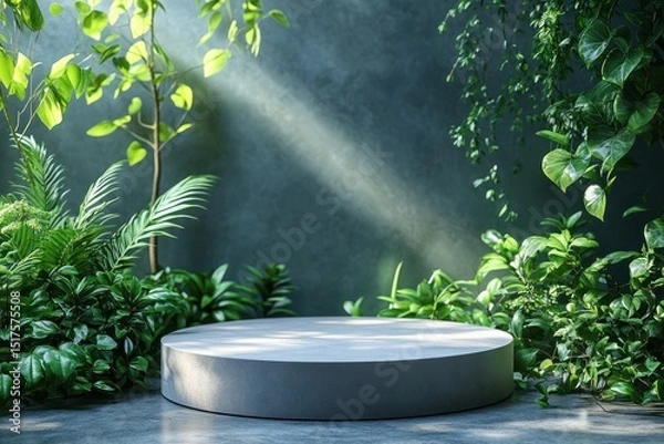 Obraz Empty round pedestal surrounded by lush greenery and sunlight.