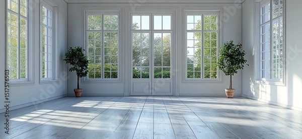Obraz Spacious white interior with large windows and greenery.