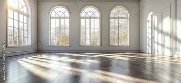 Obraz Spacious room with large arched windows and sunlight.