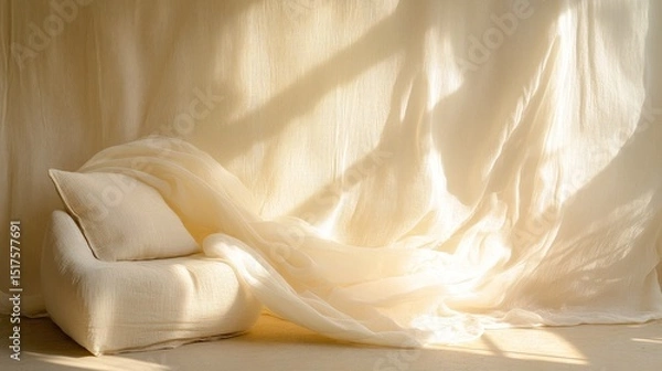 Obraz Light-filled room with draped fabric and a simple chair.