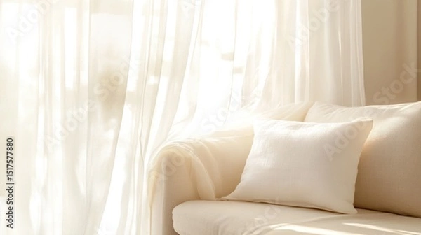 Obraz Soft, sunlit interior view with sheer curtains.