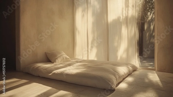 Obraz A serene, minimalist bedroom interior with natural light.