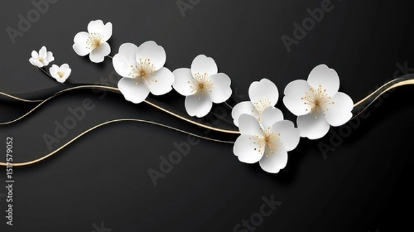 Obraz Elegant black background with white blossoms and gold lines.
