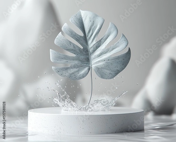 Obraz Isolated, light gray monstera leaf on a white pedestal, surrounded by water splashes.