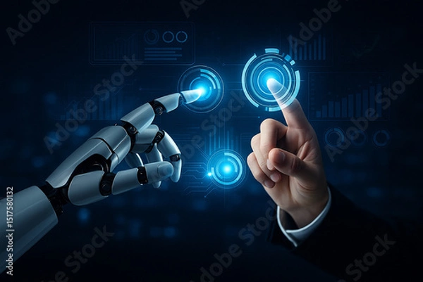 Fototapeta AI generated image of human and robotic hands interacting with glowing holographic dashboard symbolizing future collaboration technology intelligence and data control