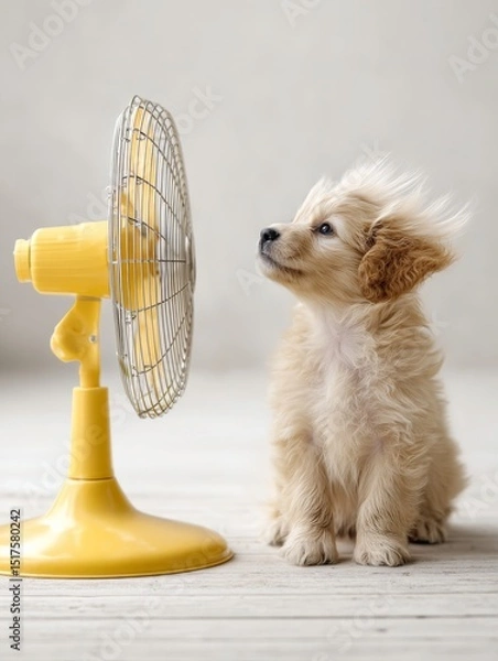 Obraz Cute fluffy puppy sitting in front of a yellow fan, enjoying the breeze on a warm day. The minimal indoor background and the dog's expression create a humorous and heartwarming summer-themed 