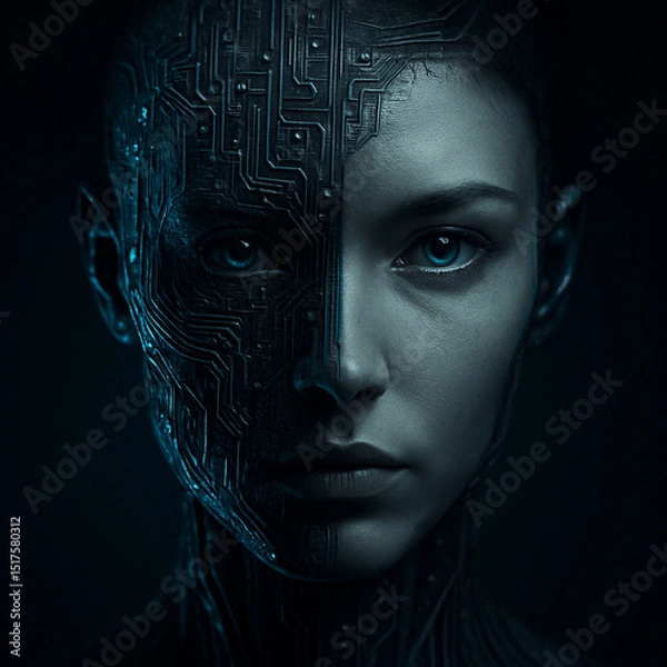 Fototapeta AI generated futuristic portrait of a humanoid with half-human half-machine face, blending emotion and digital complexity in a sci-fi cybernetic theme
