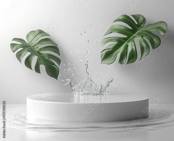 Obraz Floating leaves above a circular podium with water splash.