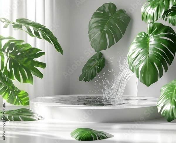 Obraz Floating tropical foliage surrounding a white pedestal fountain.