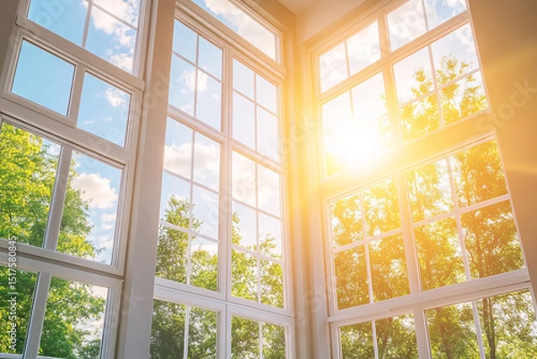 Fototapeta Sunlit room with large windows showcasing a vibrant green tree view and bright blue sky