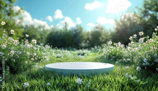 Obraz Empty platform amidst a verdant floral meadow.