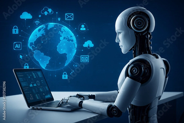 Fototapeta AI generated humanoid robot using a laptop with focus on data processing in front of a glowing digital globe surrounded by icons symbolizing global AI connectivity and modern technology